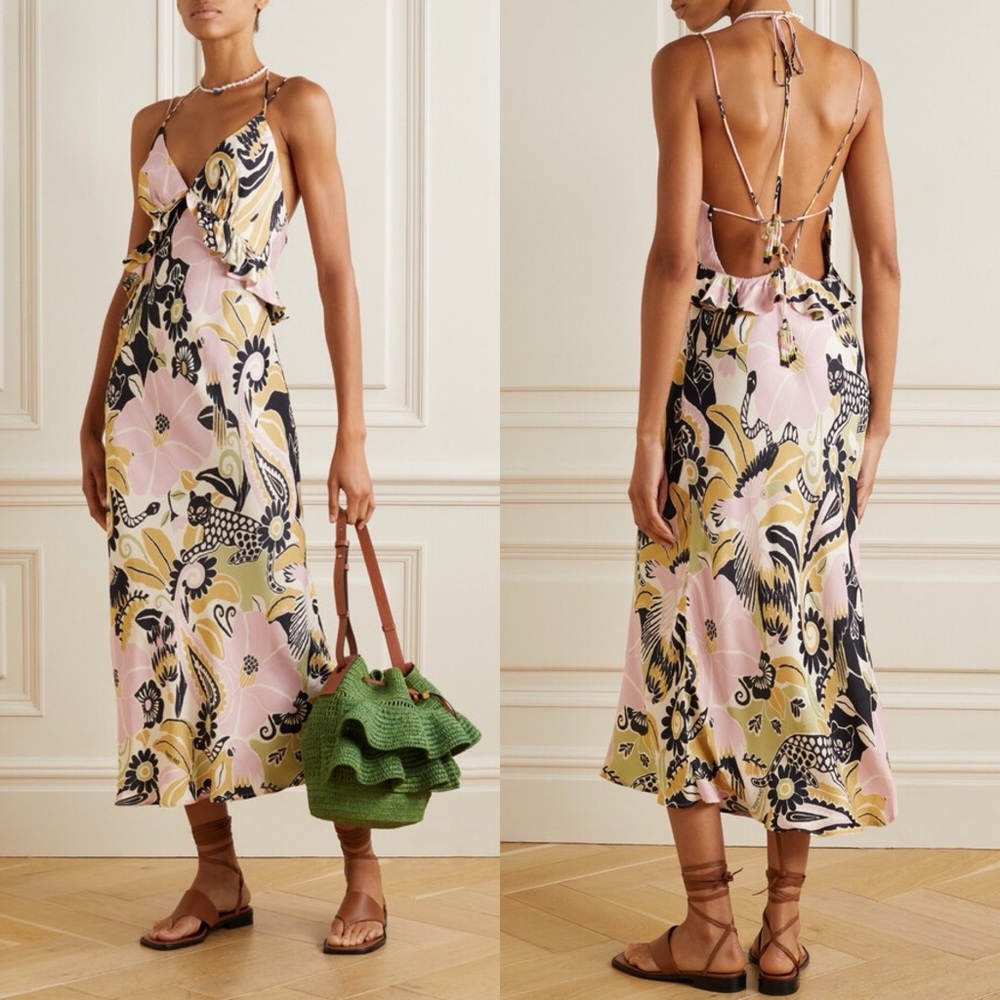 NWT Farm Rio Vintage Forest Sand Leopards Ruffle Strappy-Back Midi Dress